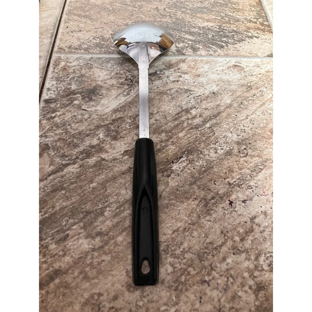 Vintage Japan Stainless Steel Serving Spoon Black Handle 11 Inch Mid Century